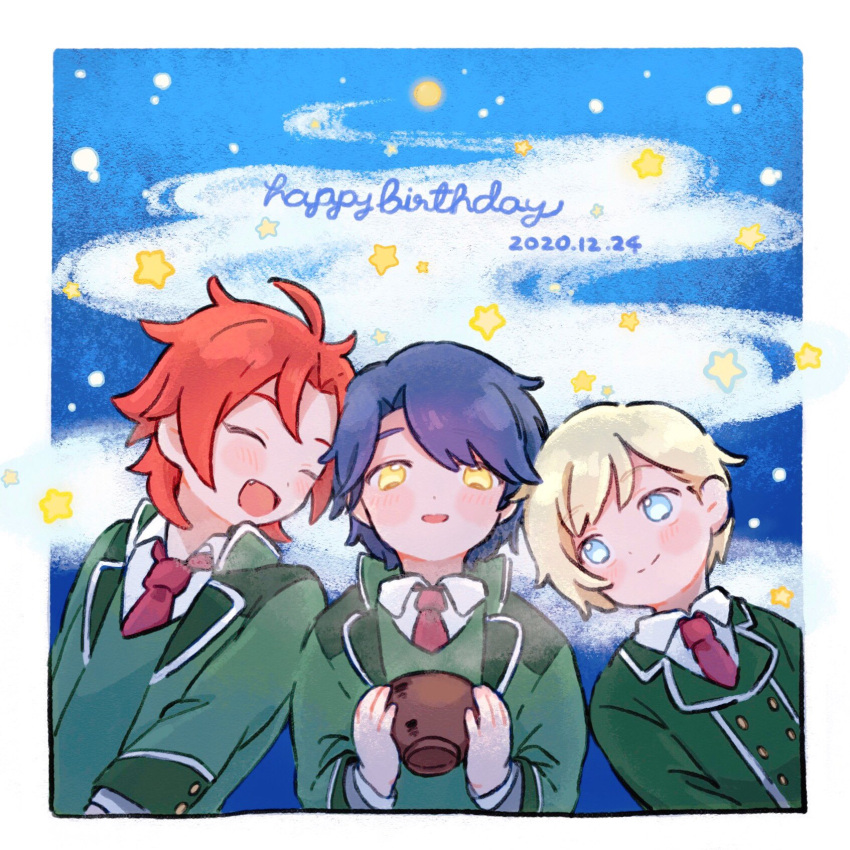 3boys :d ^_^ avocado_academy_school_uniform blonde_hair blue_background blue_hair bowl closed_eyes collared_shirt commentary_request dated fang green_jacket happy_birthday highres holding holding_bowl idol_time_pripara jacket looking_at_another male_focus mitaka_asahi multiple_boys necktie open_mouth outline poro_(pweedro) pretty_series pripara red_hair red_necktie school_uniform shirt short_hair smile takase_koyoi upper_body white_shirt yellow_eyes yumekawa_shogo