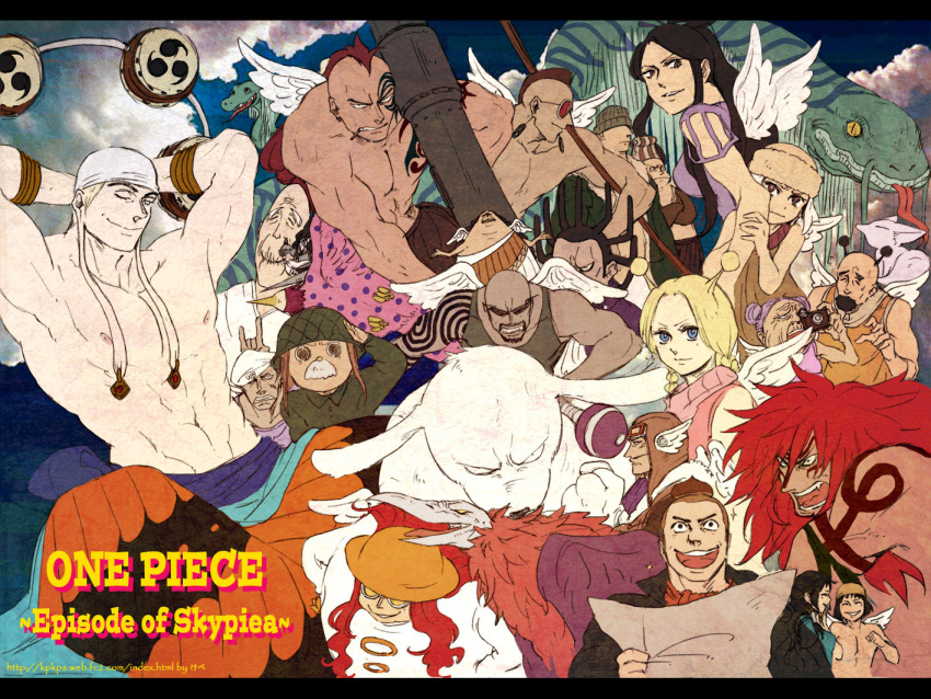 3girls 6+boys abs angry animal antenna_hair arms_behind_head bald battle calgara character_request child conis_(one_piece) creature dark-skinned_male dark_skin enel everyone fighting_stance frown gan_fall gedatsu hiding hiding_behind_another kepe laki_(one_piece) long_hair mohawk montblanc_noland multiple_boys multiple_girls muscular muscular_male navel nipples ohm old old_man old_woman one_piece oversized_animal pierre_(one_piece) salute sanpaku shura_(one_piece) snake stomach su_(one_piece) sunglasses taking_picture thick_eyebrows tilted_headwear toned toned_male topless_male tribal tsurime very_long_hair wyper_(one_piece)