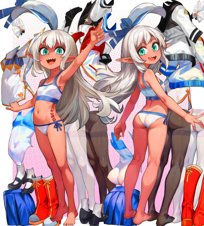 2girls ass barefoot bra check_copyright clothes commentary_request copyright_request dress elf feet flat_chest full_body green_eyes grey_hair highres legs leotard long_hair looking_at_viewer multiple_girls navel no_shoes open_mouth original panties pantyhose pointing pointing_up pointy_ears sailor_dress sharp_teeth short_dress siblings sisters smile tan teeth thighband_pantyhose toes tsukiyono_aroe twins underwear white_dress