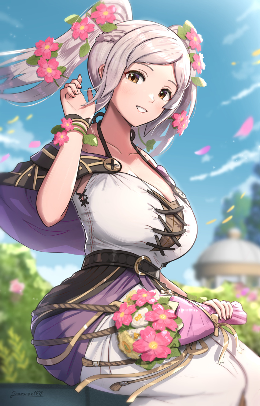 1girl absurdres belt blue_sky blurry blurry_background breasts capelet cleavage fire_emblem fire_emblem_awakening fire_emblem_heroes flower gonzarez grey_hair hair_flower hair_ornament highres looking_at_viewer official_alternate_costume robin_(female)_(fire_emblem) robin_(female)_(valentine)_(fire_emblem) robin_(fire_emblem) sitting sky smile solo