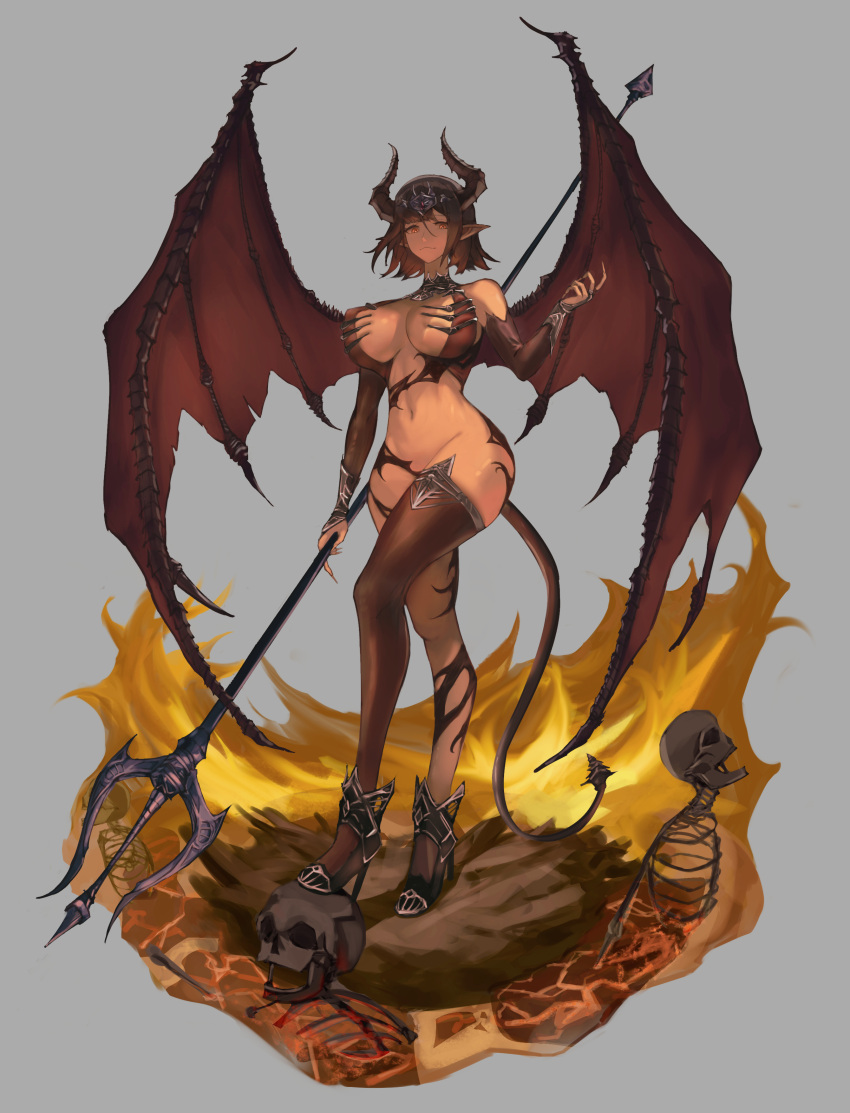 1girl absurdres breasts bridal_gauntlets brown_hair demon_girl demon_horns demon_tail demon_wings elbow_gloves fingernails fire full_body gloves grey_background hell high_heels highres holding_trident horns large_breasts long_fingernails navel orange_eyes original pointy_ears polearm revealing_clothes sharp_fingernails short_hair single_thighhigh skeleton skindentation skull solo tail teaz917 thighhighs trident weapon wings