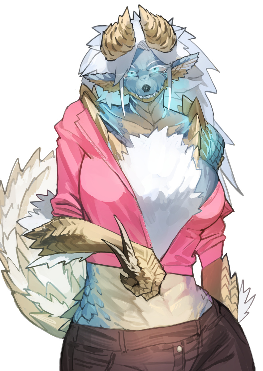 absurd_res anthro big_breasts blue_body blue_eyes blue_scales breasts capcom chest_tuft claws clothed clothing fanged_wyvern female fur hair hi_res horn mammal miao_jiangyou monster_hunter scales scalie simple_background solo tail tan_body tan_scales tuft white_body white_fur white_hair white_scales zinogre