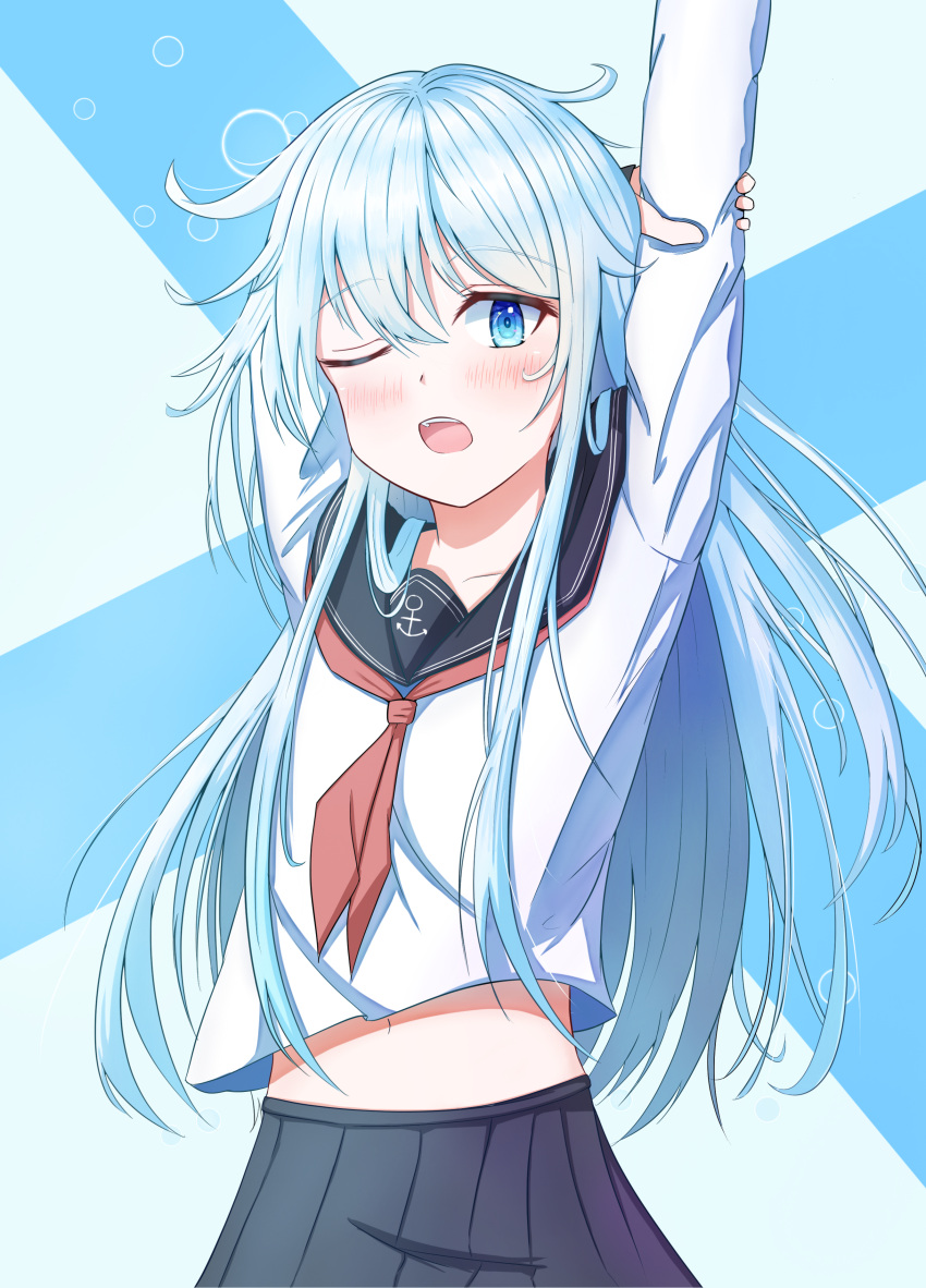 1girl absurdres arm_behind_head arms_up blue_eyes blue_hair blue_skirt blush collarbone dfd hibiki_(kancolle) highres holding_own_arm kantai_collection light_blue_hair long_hair long_sleeves looking_at_viewer midriff_peek navel neckerchief open_mouth pleated_skirt red_neckerchief school_uniform serafuku shirt skirt solo teeth upper_teeth_only white_shirt