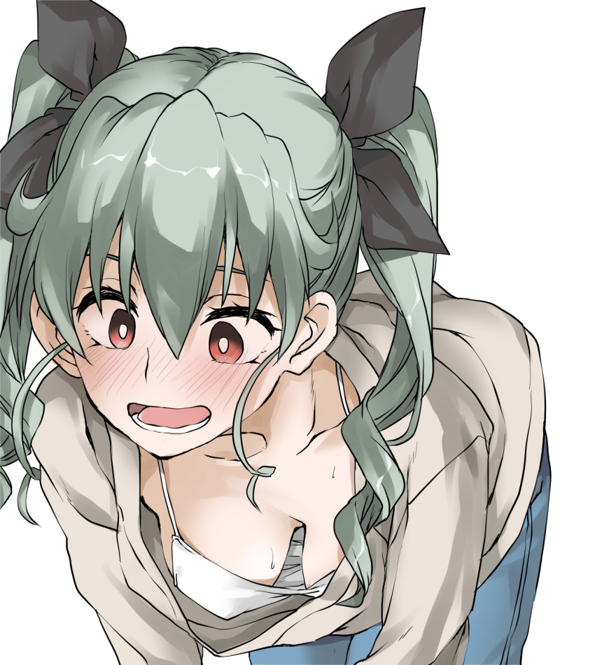 1girl anchovy_(girls_und_panzer) black_ribbon blue_pants blush breasts bright_pupils camisole casual commentary downblouse drill_hair elf_(stroll_in_the_woods) girls_und_panzer green_hair grey_shirt hair_ribbon hanging_breasts highres leaning_forward long_hair long_sleeves looking_down open_mouth pants red_eyes ribbon shirt simple_background smile solo standing sweat textless_version twin_drills twintails white_background white_camisole white_pupils