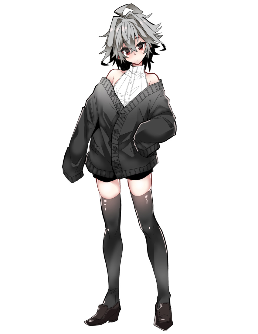 1boy ahoge androgynous bare_shoulders black_cardigan black_footwear black_thighhighs buttons cardigan covered_collarbone crossed_bangs dot_mouth fate/apocrypha fate/grand_order fate_(series) hair_between_eyes hair_intakes haoro highres light_blush male_focus messy_hair off_shoulder red_eyes shoes short_hair sieg_(fate) simple_background solo sweater thighhighs white_background white_sweater zettai_ryouiki