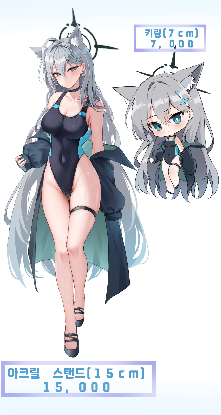 1girl absurdres ahoge alternate_costume animal_ear_fluff animal_ears bare_shoulders black_choker black_footwear black_halo black_jacket blue_archive blue_eyes blue_one-piece_swimsuit breasts bright_pupils broken_halo chibi chibi_inset choker cleavage commentary_request competition_swimsuit covered_navel cross cross_hair_ornament eyelashes full_body hair_ornament halo high_heels highleg highleg_swimsuit highres inverted_cross jacket korean_commentary large_breasts li_se long_hair looking_at_viewer multiple_views off_shoulder one-piece_swimsuit shiroko_(blue_archive) shiroko_(swimsuit)_(blue_archive) shiroko_terror_(blue_archive) simple_background solo standing swimsuit thigh_strap thighs translation_request tsurime very_long_hair white_background white_pupils wolf_ears wolf_girl