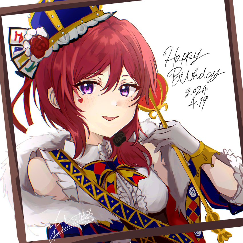 1girl absurdres alternate_hairstyle blue_hat cape center_frills collared_shirt commentary_request crown dated facial_tattoo frilled_shirt frills fur-trimmed_cape fur_trim gloves happy_birthday heart highres holding holding_scepter kiruto_(artar_12) looking_at_viewer love_live! love_live!_school_idol_festival_all_stars love_live!_school_idol_project medium_hair nishikino_maki open_mouth picture_frame purple_eyes red_hair scepter shirt short_ponytail signature sleeveless sleeveless_shirt solo tattoo upper_body white_gloves white_shirt