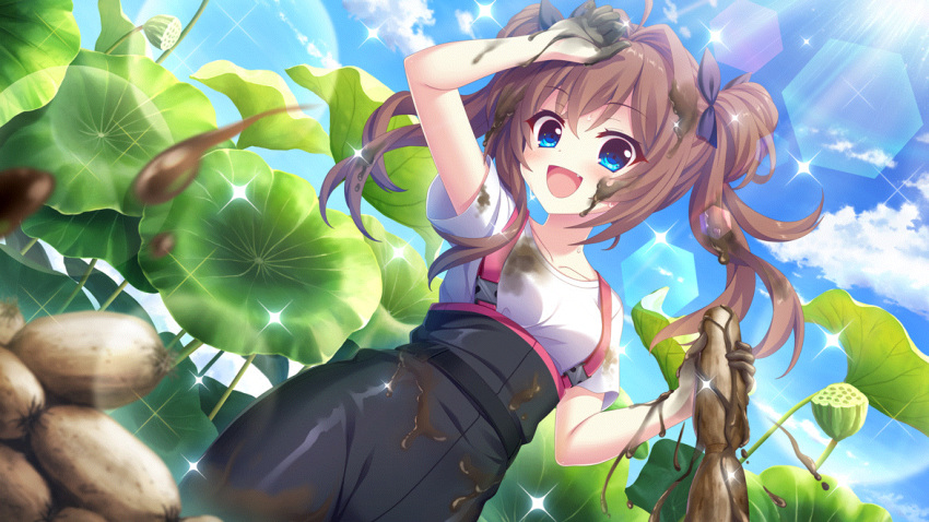 1girl :d ahoge arm_up bare_arms black_bow black_overalls blue_eyes blue_sky bow breasts brown_hair cloud cloudy_sky collarbone day dirty dirty_clothes dirty_hands dot_nose dutch_angle fang film_grain from_below game_cg hair_bow holding izumi_tsubasu lens_flare long_hair lotus_leaf lotus_pod lotus_root medium_breasts mud non-circular_lens_flare non-web_source official_art open_mouth outdoors overalls re:stage! shikimiya_aone shirt short_sleeves sky smile solo sparkle sunlight t-shirt two_side_up white_shirt
