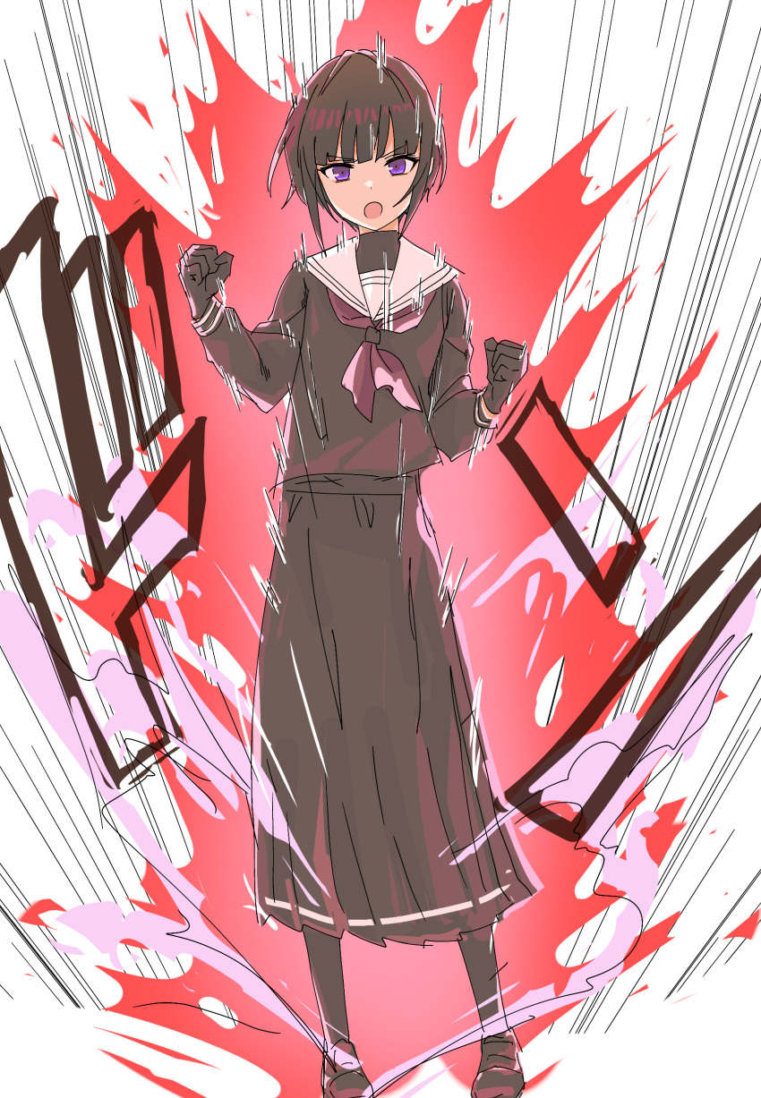 1girl absurdres aura black_gloves black_hair black_pantyhose black_serafuku black_shirt black_skirt blunt_bangs bob_cut clenched_hands dot_nose dragon_ball dragon_ball_z flat_chest full_body gloves hands_up highres idolmaster idolmaster_cinderella_girls idolmaster_cinderella_girls_starlight_stage kaiouken kakki_(kackie) loafers long_skirt long_sleeves looking_at_viewer motion_lines neckerchief open_mouth pantyhose parody purple_eyes red_neckerchief sailor_collar school_uniform serafuku shirayuki_chiyo shirt shoes short_hair skirt solo son_goku standing white_background white_sailor_collar