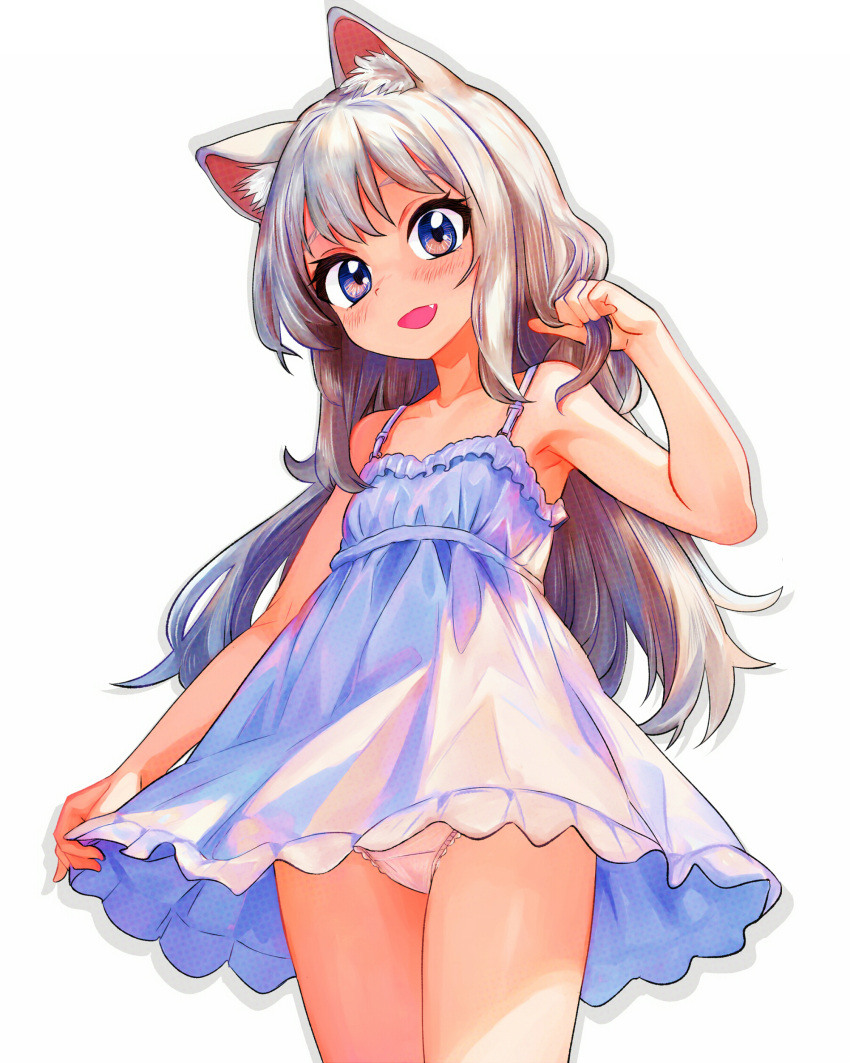 1girl absurdres animal_ears bare_shoulders blush cat_ears commentary_request dress fang flat_chest grey_eyes grey_hair highres long_hair looking_at_viewer open_mouth original panties pantyshot simple_background smile solo tsukiyono_aroe underwear white_background white_dress white_panties