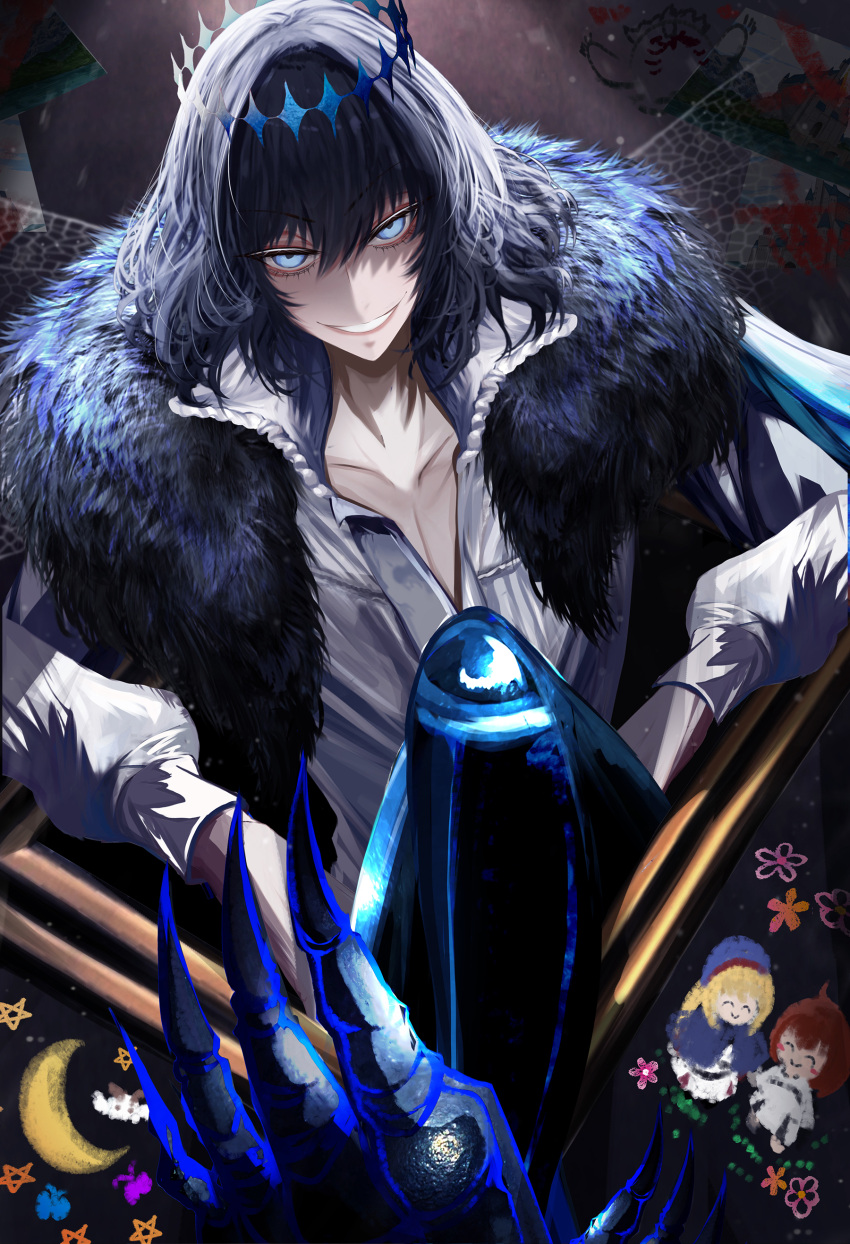 1boy absurdres antinese arthropod_boy black_hair blue_eyes bug cape cloak collared_shirt crown diamond_hairband dragonfly_wings fate/grand_order fate_(series) fur-trimmed_cape fur-trimmed_cloak fur_trim highres insect_wings long_sleeves looking_at_viewer male_focus medium_hair oberon_(fate) oberon_(third_ascension)_(fate) official_alternate_hair_color shirt smile solo white_shirt wings