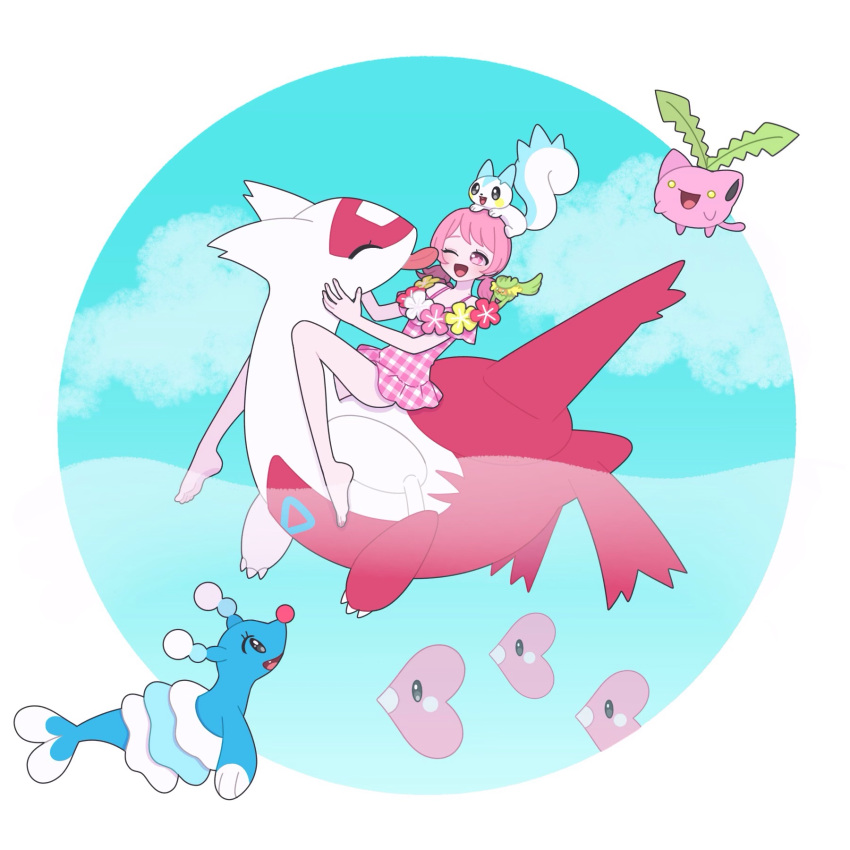 1boy :d blue_sky brionne cloud comfey commentary_request crossdressing crossover day flying full_body highres hoppip king_of_prism latias licking licking_another's_face low_twintails luvdisc male_focus nyaasechan one-piece_swimsuit one_eye_closed open_mouth otoko_no_ko outdoors pachirisu pink_eyes pink_hair pink_one-piece_swimsuit pokemon pokemon_(creature) pretty_rhythm pretty_series riding riding_pokemon saionji_leo short_hair sitting sky smile swimsuit twintails