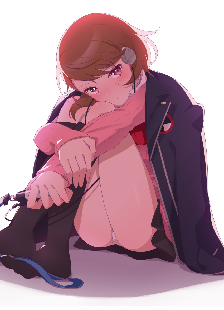 1girl absurdres black_jacket black_skirt black_socks blush brown_eyes brown_hair cardigan choker closed_mouth cosplay digital_media_player earphones gekkoukan_high_school_uniform head_rest heart heart_choker heart_in_eye highres holding_digital_media_player hugging_own_legs jacket jacket_on_shoulders kneehighs knees_up listening_to_music long_sleeves looking_at_viewer miniskirt panties persona persona_3 persona_3_reload pink_cardigan pink_eyes pleated_skirt po_su_su school_uniform short_hair sitting skirt socks solo swept_bangs symbol_in_eye takeba_yukari thighs underwear white_choker white_panties yuuki_makoto_(persona_3) yuuki_makoto_(persona_3)_(cosplay)