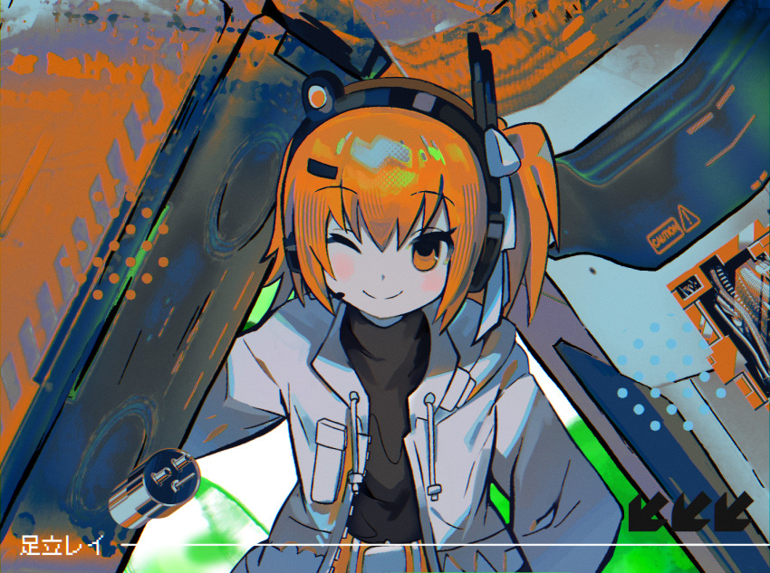 1girl a.i._voice abstract_background adachi_rei belt black_shirt blush character_name closed_mouth commentary green_background hair_ornament hair_ribbon hairclip headlamp headset jacket long_sleeves looking_at_viewer machinery morizo_(morizoshop) one_eye_closed one_side_up open_clothes open_jacket orange_belt orange_eyes orange_hair radio_antenna ribbon shirt smile solo symbol-only_commentary upper_body utau white_jacket white_ribbon