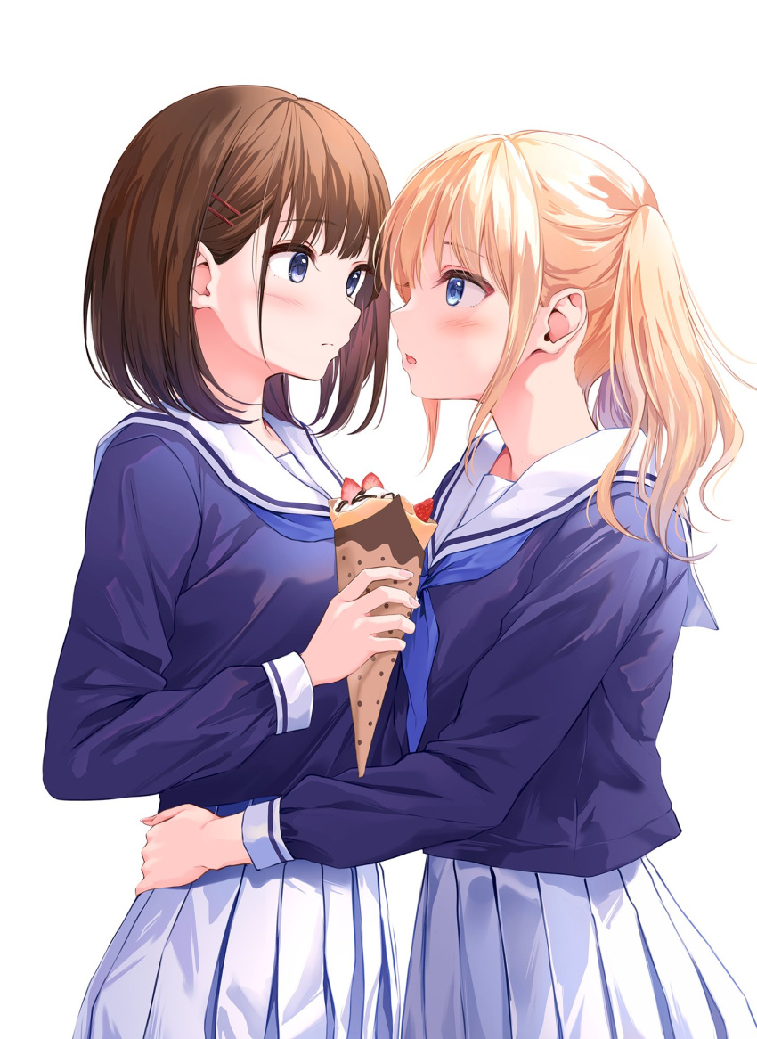 2girls blonde_hair blue_eyes blue_neckerchief blush brown_hair chestnut_mouth chocolate_syrup commentary_request crepe food from_side fruit hair_ornament hairclip hand_on_another's_hip highres holding holding_food light_frown long_sleeves looking_at_another medium_hair multiple_girls neckerchief original pasdar pleated_skirt purple_eyes sailor_collar school_uniform serafuku short_hair sidelocks simple_background skirt strawberry twintails white_background white_sailor_collar white_skirt yuri