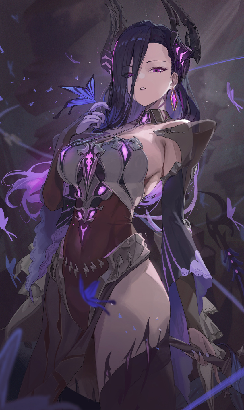 1girl armor bare_shoulders black_dress black_hair black_thighhighs breastplate breasts bug butterfly character_request colored_inner_hair detached_collar detached_sleeves dress duet_night_abyss earrings highres horns jewelry large_breasts long_hair looking_at_viewer multicolored_hair pelvic_curtain purple_eyes purple_hair serie_niai solo thighhighs thighs weapon