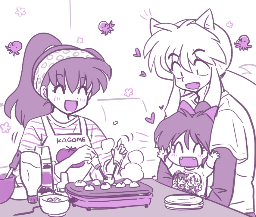 1boy 2girls :d animal_ears apron arms_up black_hair black_undershirt blush closed_eyes couch diagonal-striped_shirt dinner dog_ears drooling family fangs father_and_daughter food hair_ribbon happy heart high_ponytail higurashi_kagome holding_chibi husband_and_wife indoors inuyasha inuyasha_(character) long_hair looking_at_food mayonnaise monochrome moroha mother_and_daughter mouth_drool multiple_girls octopus parent_and_child plate polka_dot_headband ponytail red_ribbon ribbon shirt sidelocks smile steam table takoyaki takoyaki_pan wanta_(futoshi) white_hair white_shirt