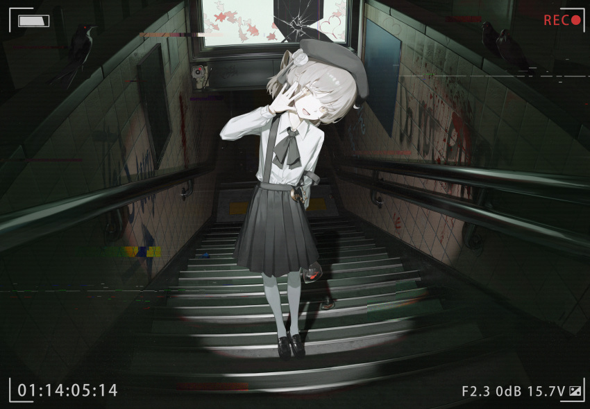 1girl :d absurdres bag bagged_fish beret bird black_footwear black_hat black_skirt camera collared_shirt eriri2000420 fish flower full_body glitch graffiti grey_eyes grey_hair hair_flower hair_ornament hair_ribbon hat hatoba_tsugu head_tilt highres indoors loafers long_sleeves medium_skirt pantyhose pleated_skirt recording ribbon shirt shoes skirt smile solo stairs standing suspender_skirt suspenders touhou tsugu_(vtuber) vei_(vtuber) waving white_pantyhose