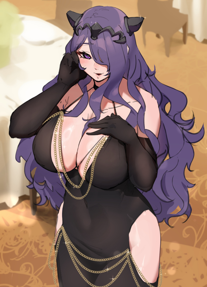 1girl alternate_costume bare_shoulders black_dress black_gloves black_horns breasts camilla_(fire_emblem) cleavage clothing_cutout commentary_request dress elbow_gloves fake_horns fire_emblem fire_emblem_fates gloves hair_ornament hair_over_one_eye highres horns huge_breasts indoors long_hair looking_at_viewer meme_attire modakawa_dress monoi_daru one_eye_covered purple_eyes purple_hair sleeveless sleeveless_dress smile solo very_long_hair wavy_hair