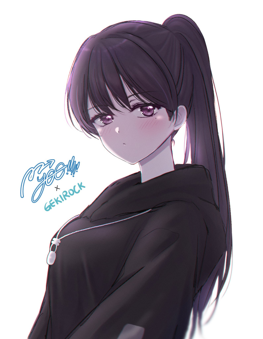 1girl bang_dream! bang_dream!_it's_mygo!!!!! black_hair black_hoodie blush closed_mouth commentary copyright_name english_commentary highres hood hood_down hoodie jewelry lone_nape_hair long_hair looking_at_viewer mole mole_under_eye necklace official_alternate_hairstyle ponytail ppora purple_eyes shiina_taki simple_background solo upper_body white_background