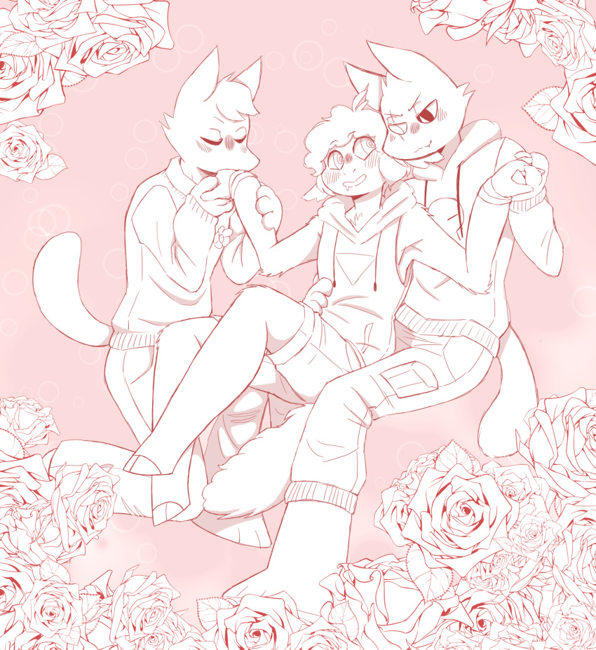 ambiguous_gender anthro aym_(cult_of_the_lamb) baal_(cult_of_the_lamb) blush blush_lines bovid caprine clothed clothing cotl-flower-crown cult_of_the_lamb domestic_cat felid feline felis flirting flower fluffy group hi_res kissing_hand lamb_(cult_of_the_lamb) male mammal massive_monster_(studio) pink_background plant polyamory rose_(flower) sheep simple_background trio tuft