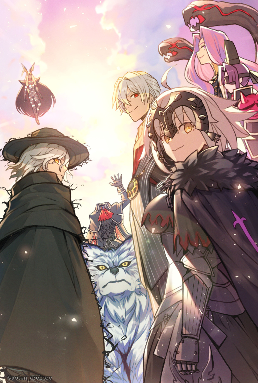 3boys 4girls absurdres ahoge animal animal_ears antonio_salieri_(fate) antonio_salieri_(second_ascension)_(fate) aoten_(aoiroarekore) armor ascot black_armor black_blindfold black_cape black_gloves black_hair black_hat black_suit blindfold cape closed_mouth cloud commentary_request covered_eyes dark-skinned_female dark_skin dress edmond_dantes_(fate) fate/grand_order fate_(series) flying fur_collar fur_trim gauntlets gloves gorgon_(fate) grey_hair hat headless headpiece height_difference hessian_(fate) highres jackal_ears jeanne_d'arc_alter_(avenger)_(fate) jeanne_d'arc_alter_(avenger)_(first_ascension)_(fate) jeanne_d'arc_alter_(fate) lobo_(fate) long_hair looking_at_viewer medusa_(fate) multiple_boys multiple_girls nitocris_(fate) nitocris_alter_(fate) outdoors pink_eyes pink_hair profile red_ascot red_eyes short_hair sky smile snake_hair suit sunlight taira_no_kagekiyo_(fate) tate_eboshi twitter_username ushiwakamaru_(fate) white_hair wolf yellow_eyes