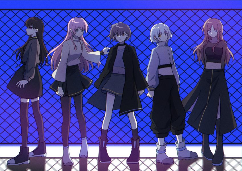 5girls baggy_pants bang_dream! bang_dream!_it's_mygo!!!!! black_choker black_coat black_footwear black_pants black_pantyhose black_skirt black_socks black_thighhighs blue_background blue_eyes boots brown_hair chain-link_fence chihaya_anon choker coat commentary_request cropped_jacket cropped_shirt expressionless fence full_body grey_eyes grey_hair grey_jacket grey_skirt heterochromia highres jacha_gam jacket kaname_raana long_hair long_sleeves looking_at_viewer mole mole_under_eye multiple_girls mygo!!!!!_(bang_dream!) nagasaki_soyo navel pants pantyhose pink_hair red_eyes shadow shiina_taki shirt shoes short_hair skirt sneakers socks thighhighs togawa_sakiko white_footwear white_hair white_shirt yellow_eyes