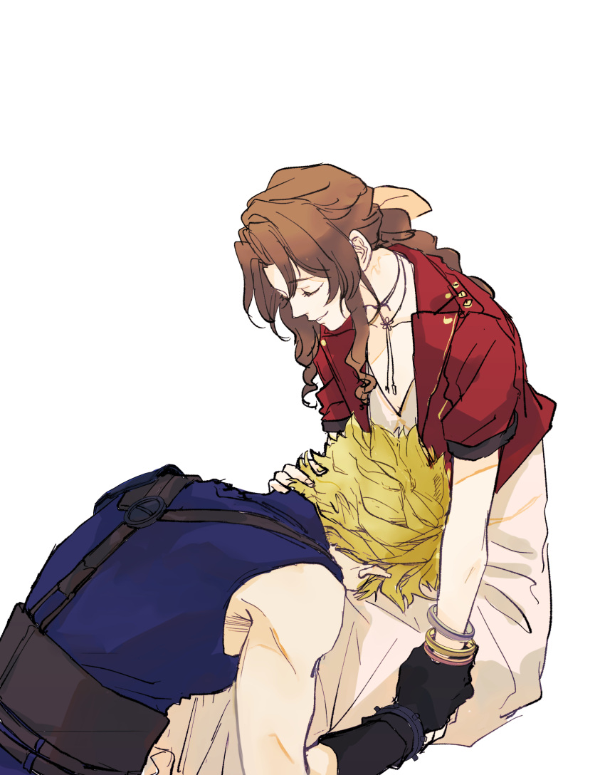 1boy 1girl aerith_gainsborough armor bangle belt black_gloves blonde_hair blue_pants blue_shirt bracelet braid braided_ponytail brown_belt brown_hair choker closed_eyes cloud_strife couple cropped_jacket demi_co dress final_fantasy final_fantasy_vii final_fantasy_vii_rebirth final_fantasy_vii_remake flower_choker gloves hair_ribbon hand_in_another's_hair hetero highres holding_another's_wrist jacket jewelry lap_pillow long_dress long_hair multiple_belts pants parted_bangs pink_dress pink_ribbon red_jacket ribbon shirt short_hair short_sleeves shoulder_armor sidelocks single_bare_shoulder single_braid single_shoulder_pad sitting sleeveless sleeveless_turtleneck smile spiked_hair suspenders turtleneck upper_body wavy_hair white_background
