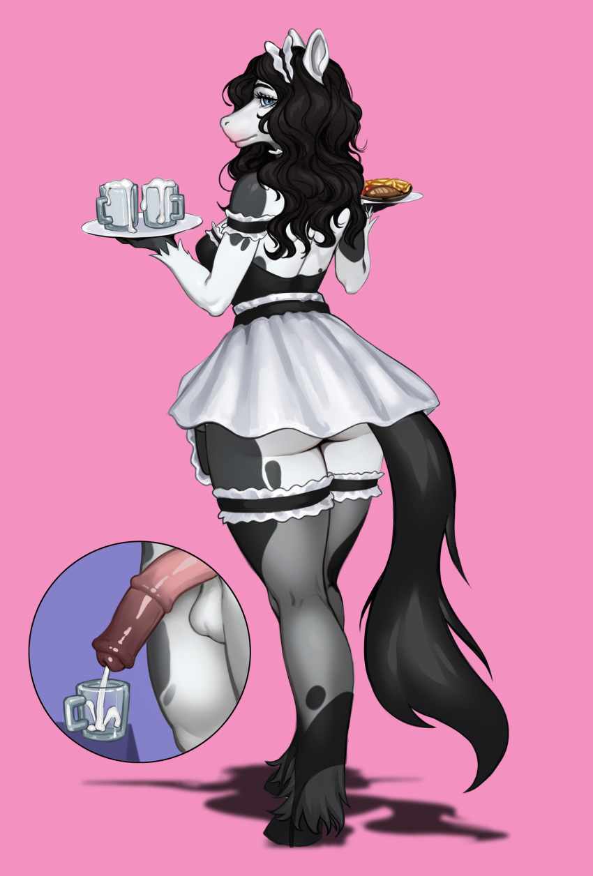 absurd_res anthro balls black_body black_fur black_hair black_tail blue_eyes bodily_fluids bovid bovine breasts cattle clothed clothing cum dessert digital_media_(artwork) dress female food fur genital_fluids genitals hair herm hi_res holding_object hooves intersex looking_at_viewer magna_nsfw maid_uniform mammal mug multicolored_body multicolored_fur penis pink_background plate simple_background solo tail tuft uniform white_body white_fur