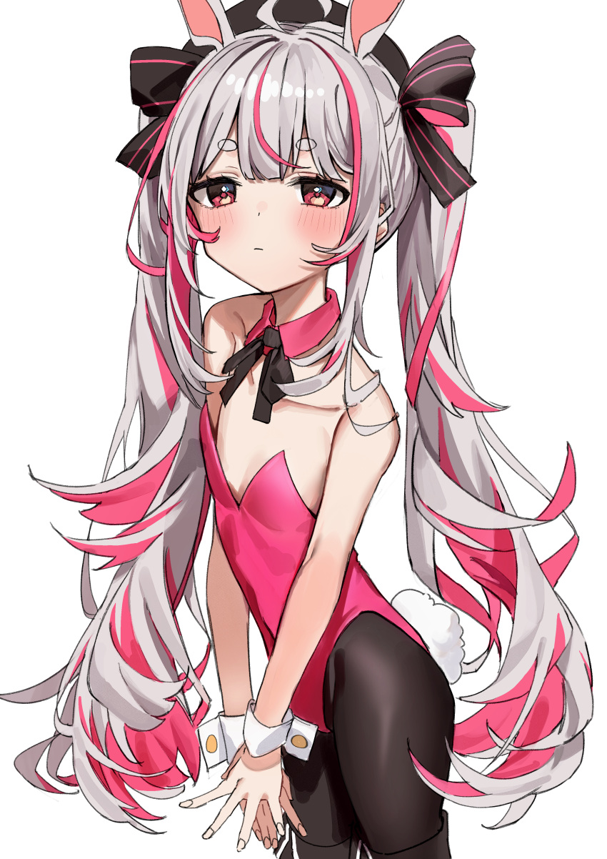 1girl absurdres ahoge animal_ears bare_shoulders black_pantyhose black_ribbon closed_mouth collarbone cowboy_shot detached_collar double-parted_bangs extra_ears flat_chest grey_hair haruyuki_(gffewuoutgblubh) highres indie_virtual_youtuber leotard long_hair looking_at_viewer neck_ribbon oversized_breast_cup pantyhose pink_hair pink_leotard playboy_bunny rabbit_ears rabbit_tail red_eyes ribbon short_eyebrows sidelocks simple_background solo tail tomari_mari twintails very_long_hair virtual_youtuber white_background wrist_cuffs