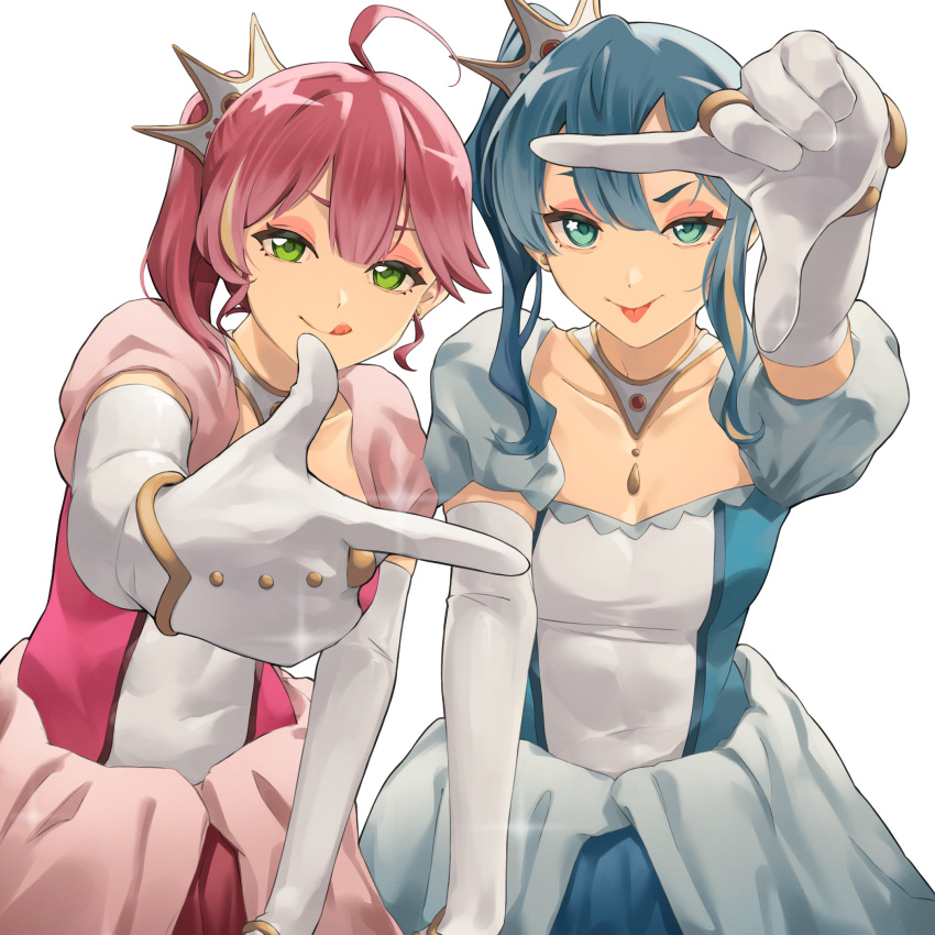 2girls :p :q ahoge alternate_costume bibideba_(hololive) blue_dress blue_eyes blue_hair breasts center-flap_bangs collarbone commentary_request double-parted_bangs dress earrings elbow_gloves eyeshadow finger_frame finger_frame_duo gloves hair_between_eyes highres hololive hoshimachi_suisei jewelry knees_out_of_frame leaning_forward long_hair looking_at_viewer makeup multiple_girls necklace pink_dress pink_eyeshadow puffy_short_sleeves puffy_sleeves rena_sakuma sakura_miko short_sleeves side_ponytail simple_background single_sidelock small_breasts standing star_(symbol) star_in_eye symbol_in_eye tiara tilted_headwear tongue tongue_out virtual_youtuber white_background white_gloves