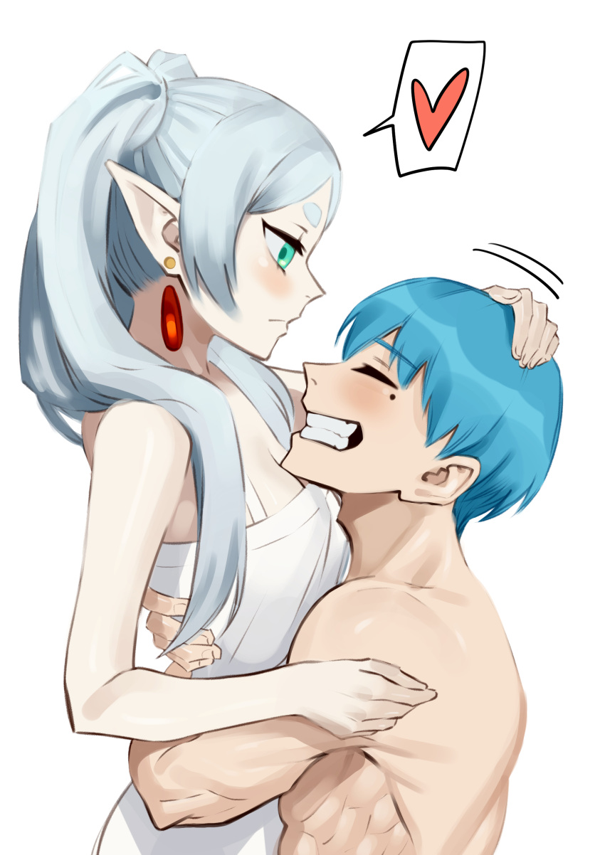 1boy 1girl absurdres blue_hair blush breasts clothed_female_nude_male dingotoad dress drop_earrings earrings elf expressionless frieren green_eyes grey_hair grin hand_on_another's_head heart highres himmel_(sousou_no_frieren) jewelry lifting_person long_hair mole mole_under_eye muscular muscular_male nude pointy_ears short_eyebrows small_breasts smile sousou_no_frieren spoken_heart teeth thick_eyebrows twintails white_background white_dress