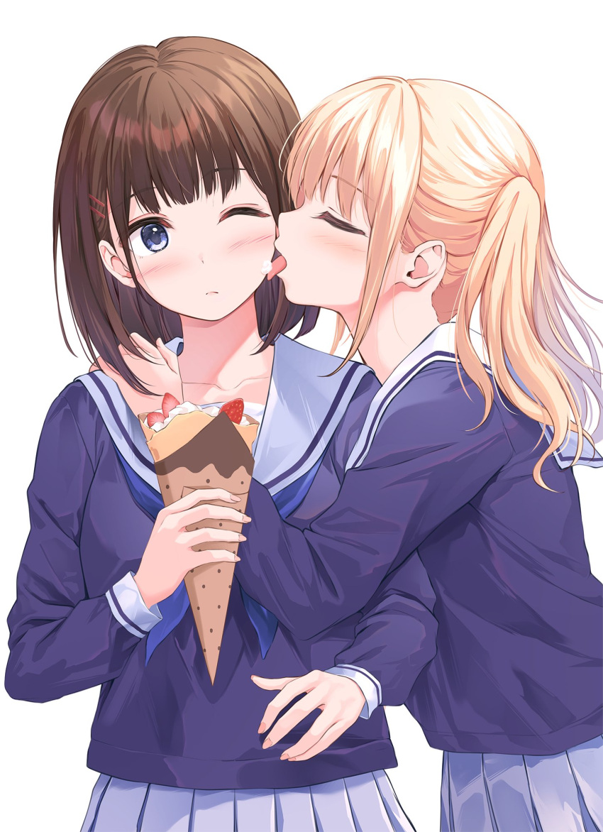 2girls ;( blonde_hair blue_neckerchief blush brown_hair closed_eyes collarbone commentary_request crepe facing_another food food_on_face from_side fruit hair_ornament hairclip hand_on_another's_shoulder highres holding holding_food licking licking_another's_cheek licking_another's_face light_frown long_sleeves medium_hair multiple_girls neckerchief one_eye_closed original pasdar pleated_skirt profile purple_eyes sailor_collar school_uniform serafuku short_hair sidelocks simple_background skirt strawberry tongue tongue_out twintails white_background white_sailor_collar white_skirt yuri