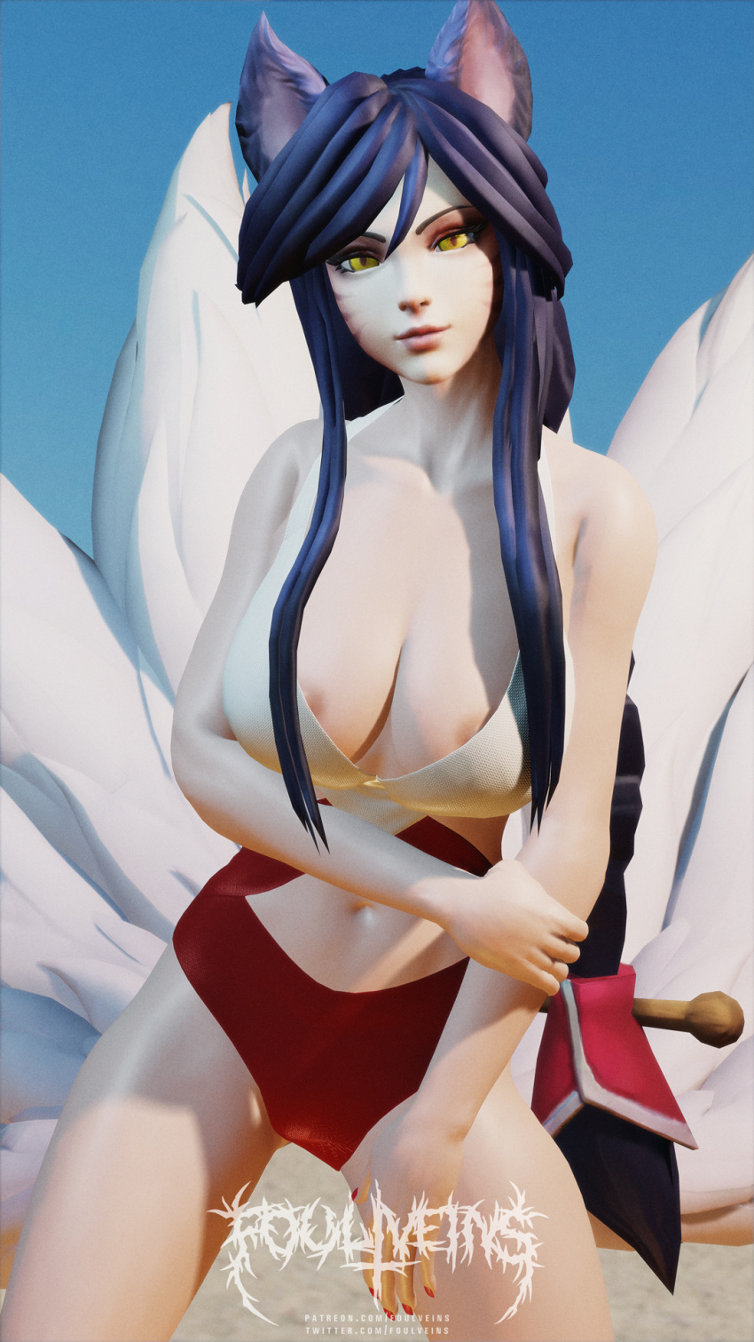 3d_(artwork) ahri_(lol) animal_ears animal_humanoid animal_tail areola areola_slip big_breasts black_body black_fur black_hair blue_background bottomwear braided_hair breasts canid canid_humanoid canine canine_humanoid cleavage clothed clothing digital_media_(artwork) eyelashes facial_markings female foulveins fox_humanoid fur hair head_markings hi_res humanoid league_of_legends long_hair looking_at_viewer mammal mammal_humanoid markings multi_tail navel pink_areola red_bottomwear red_clothing riot_games simple_background solo tail tan_body tan_skin thick_thighs topwear white_body white_clothing white_fur white_topwear wide_hips yellow_eyes