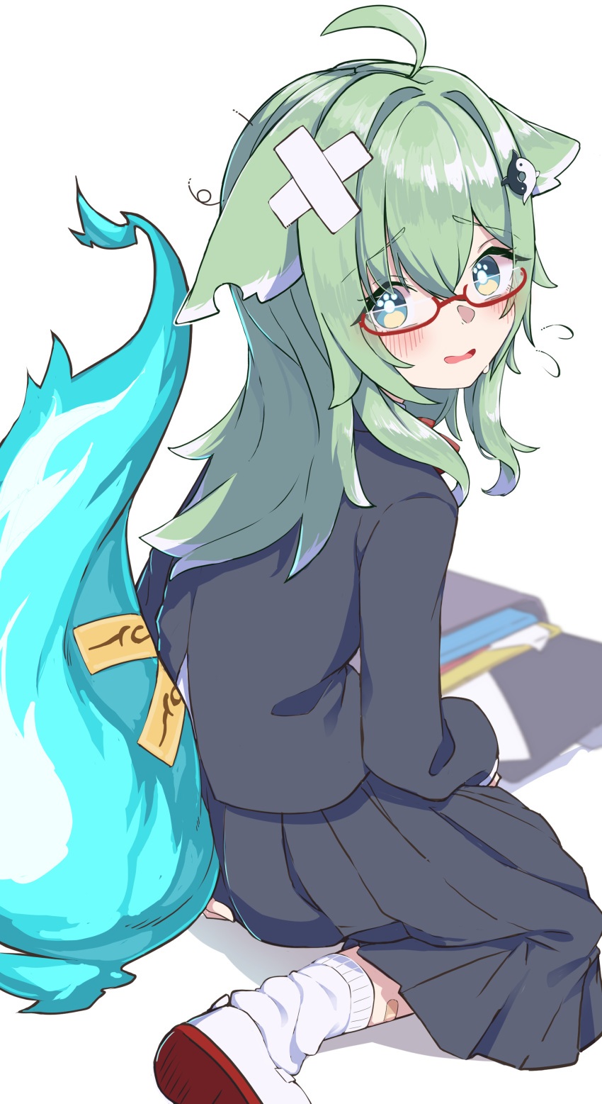 1girl absurdres ahoge animal_ears bandage_on_hair bandaid bandaid_on_leg bespectacled blush commentary_request fallen_down flying_sweatdrops fox_ears fox_tail from_behind glasses green_eyes green_hair grey_jacket grey_skirt hair_between_eyes hand_on_own_ass highres honkai:_star_rail honkai_(series) huohuo_(honkai:_star_rail) jacket long_hair long_skirt looking_at_viewer looking_back messy_hair nemu7777 open_mouth paw-shaped_pupils pleated_skirt school_uniform skirt socks sweatdrop symbol-shaped_pupils tail tail_(honkai:_star_rail) uniform white_socks yin_yang_hair_ornament