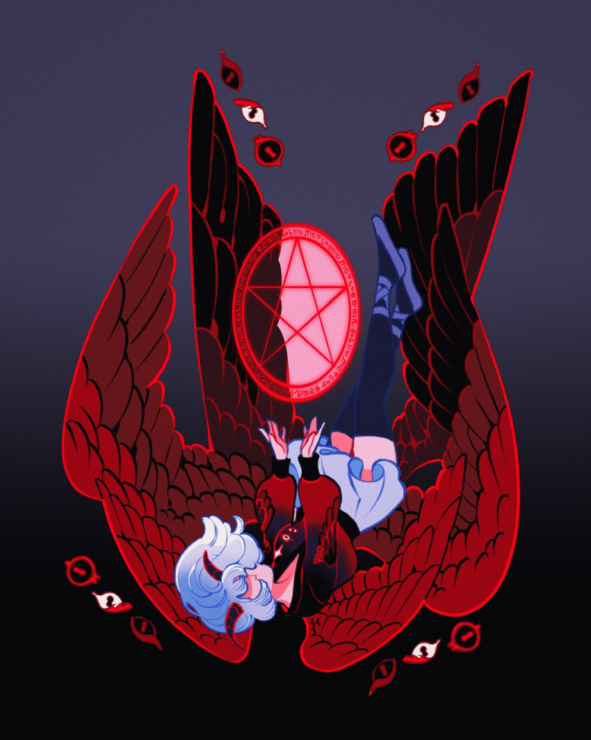 1girl black_socks blue_footwear blue_hair blue_skirt closed_eyes demon_girl demon_horns disembodied_eye fallen_angel gradient_background highres horns light_blue_hair meyoco original pentagram red_eyes red_sweater red_wings simple_background skirt socks sweater upside-down wings zettai_ryouiki