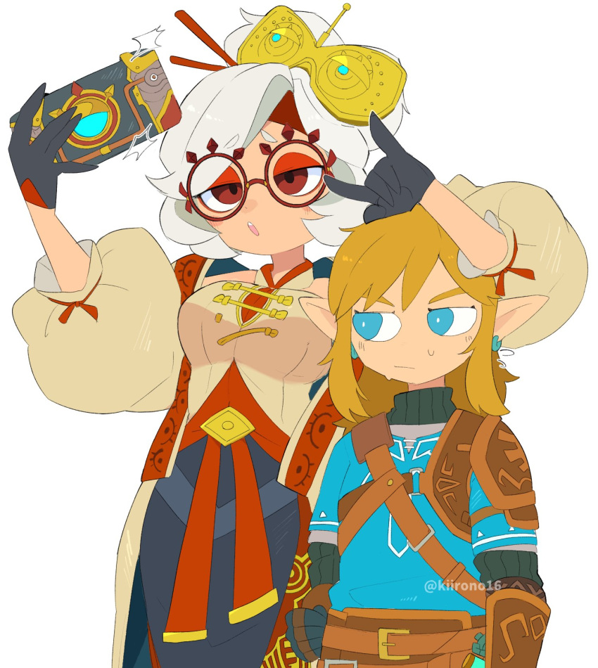 blonde_hair blue_eyes breasts clothing duo elf eyewear female glasses hair hi_res humanoid humanoid_pointy_ears hylian kiirono light_body light_skin link male nintendo not_furry pose purah red_eyes selfie sheikah signature simple_background tears_of_the_kingdom the_legend_of_zelda white_hair