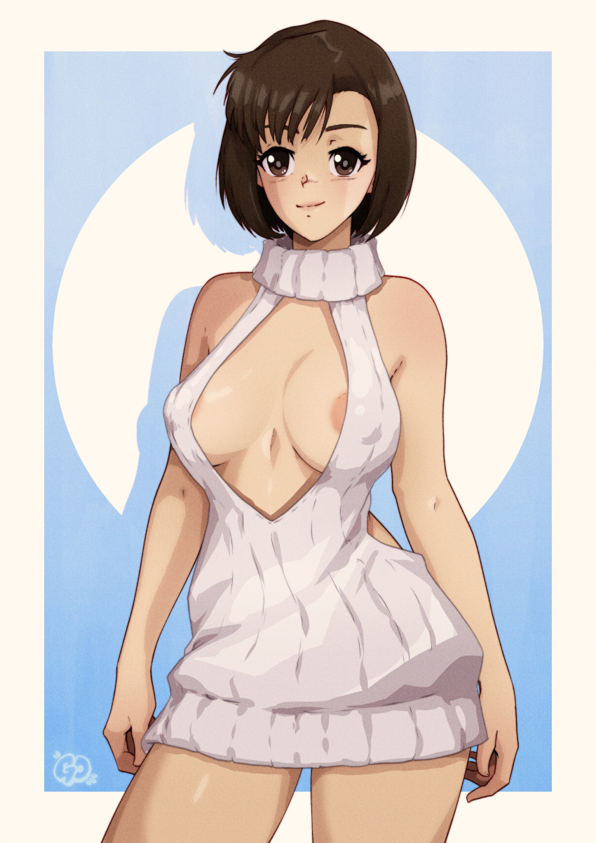 1girl absurdres areola_slip artist_logo asymmetrical_bangs bare_shoulders breasts brown_eyes brown_hair cleavage_cutout clothing_cutout colored_shadow commission covered_nipples cowboy_shot drop_shadow harasaki_nozomi highres large_breasts looking_at_viewer meme_attire ribbed_sweater second-party_source shadow shenmue short_hair smile solo sweater thatpersonaguy thighs turtleneck turtleneck_sweater two-tone_background virgin_killer_sweater white_sweater