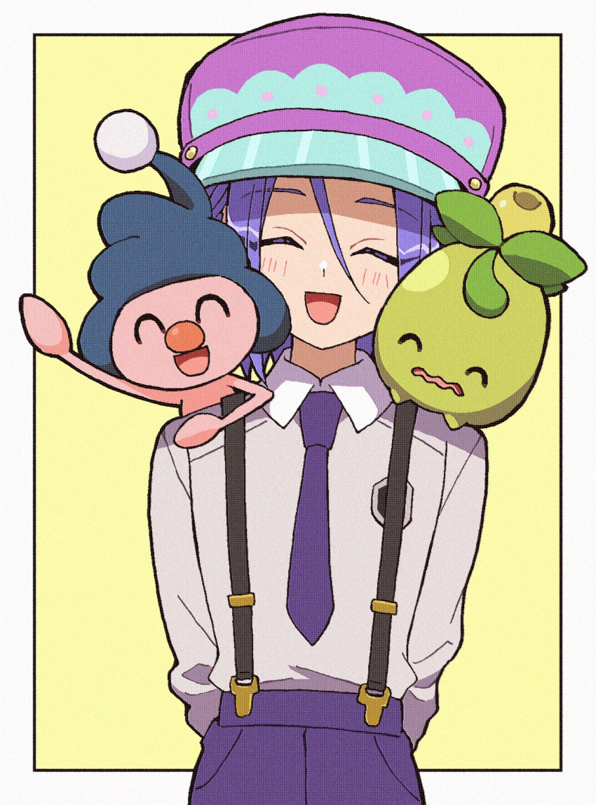 1boy bow bowtie closed_eyes happy hat highres james_(pokemon) macchiromomomo male_focus mime_jr. mob_cap necktie pokemon pokemon_(anime) pokemon_(creature) smile smoliv yellow_background