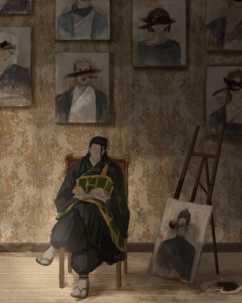 1boy absurdres black_hair black_hakama black_kimono black_pants book closed_mouth crossed_legs crossed_out easel getou_suguru getou_suguru_(kenjaku) hair_bun hakama hakama_pants hands_on_lap highres indoors japanese_clothes jujutsu_kaisen kesa kimono long_hair open_book painting_(object) palette_(object) pants portrait_(object) red_paint sandals single_hair_bun sitting socks solo stitched_face stitches tabi wallpaper_(object) white_socks wooden_floor ylia0u0