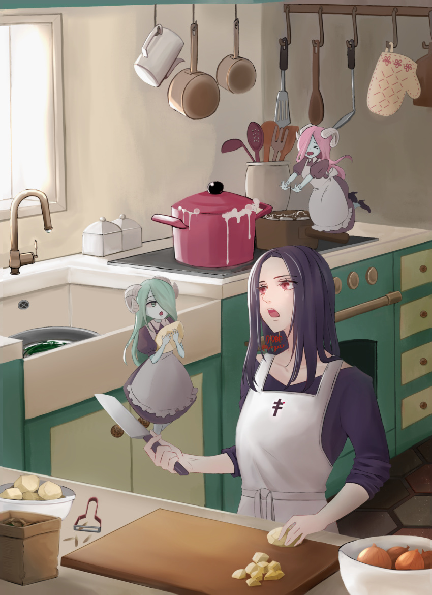 1other 2girls absurdres apron black_hair casual colored_skin cooking demon_girl demon_horns green_hair guilty_gear guilty_gear_strive highres horns kitchen kitchen_knife long_hair maid_apron mgxcr multiple_girls pink_hair red_eyes succubus_familiar testament_(guilty_gear)