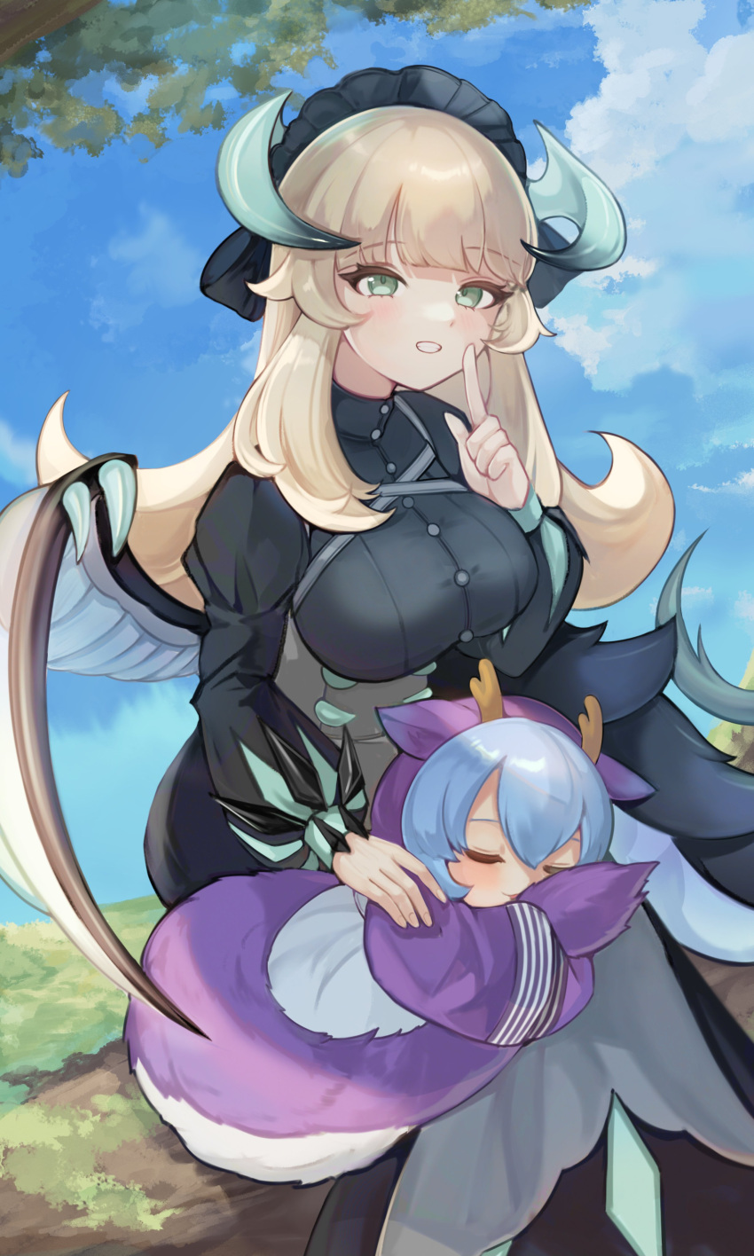 2girls absurdres black_dress blonde_hair blue_hair breasts chamber_dragonmaid closed_eyes cloud dragon_girl dragon_tail dragon_wings dress duel_monster finger_to_mouth grass green_eyes highres large_breasts laundry_dragonmaid light_blush long_hair maid maid_headdress multiple_girls on_lap outdoors senada37 sky sleeping tail tree wings yu-gi-oh!