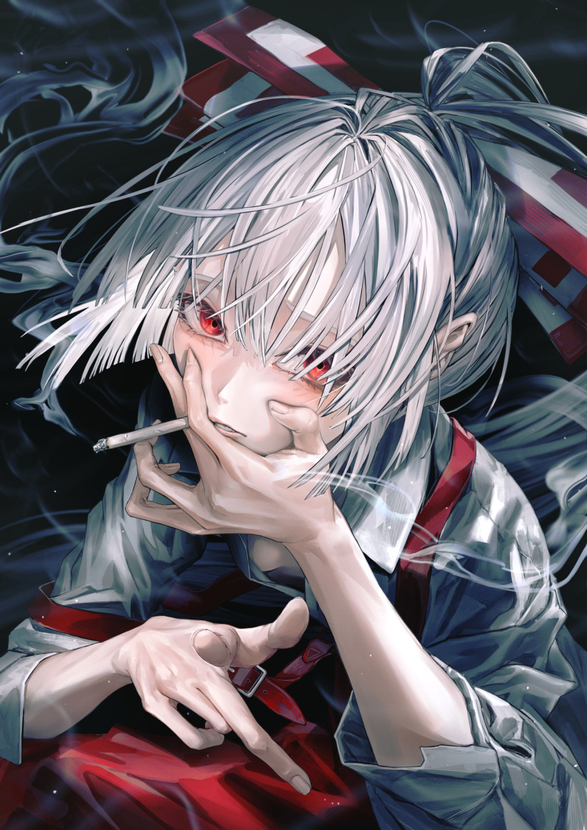 1girl cigarette fujiwara_no_mokou highres long_hair ofuda ofuda_on_head pants pointing pointing_at_viewer ponytail red_eyes red_pants safutsuguon shirt smoking solo suspenders touhou white_hair white_shirt