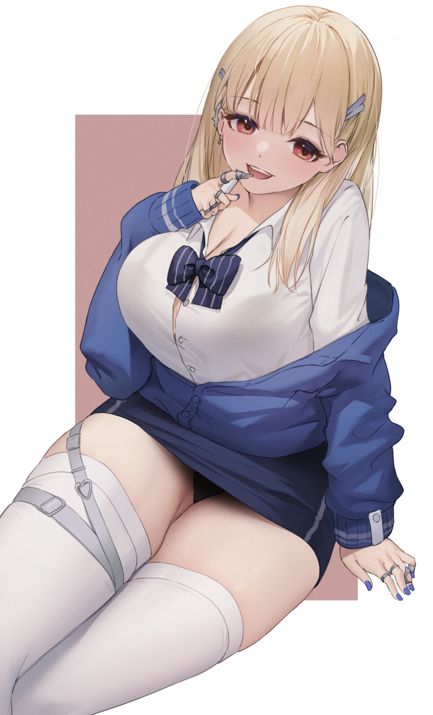 1girl :d blonde_hair blue_jacket blue_nails breasts brown_background button_gap commentary_request fingernails goddess_of_victory:_nikke gyaru hair_ornament hairclip highres jacket jewelry kogal large_breasts long_hair long_sleeves looking_at_viewer multiple_rings nail_polish open_mouth pepeo red_eyes ring shirt simple_background sitting smile solo teeth thighhighs thighs tia_(nikke) two-tone_background upper_teeth_only white_background white_shirt white_thighhighs