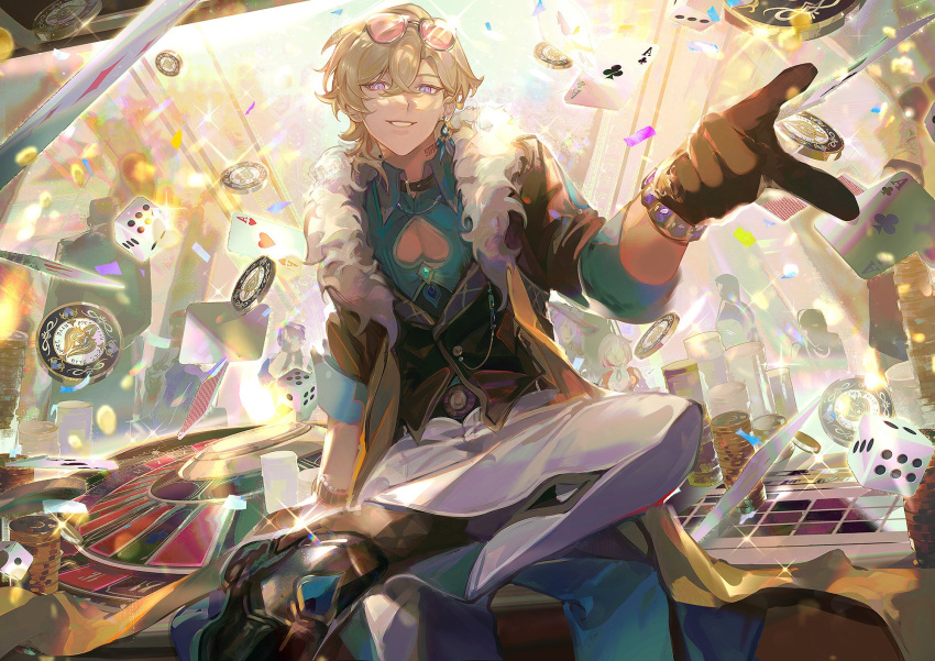 1boy aqua_shirt aventurine_(honkai:_star_rail) black_footwear blonde_hair bracelet card clothing_cutout coin collared_shirt dice earrings eyewear_on_head fur_trim grin highres honkai:_star_rail honkai_(series) jewelry looking_at_viewer male_focus miothle multicolored_eyes neck_tattoo pectoral_cleavage pectorals playing_card poker_chip roulette_table shirt short_hair sitting smile solo table tattoo tinted_eyewear