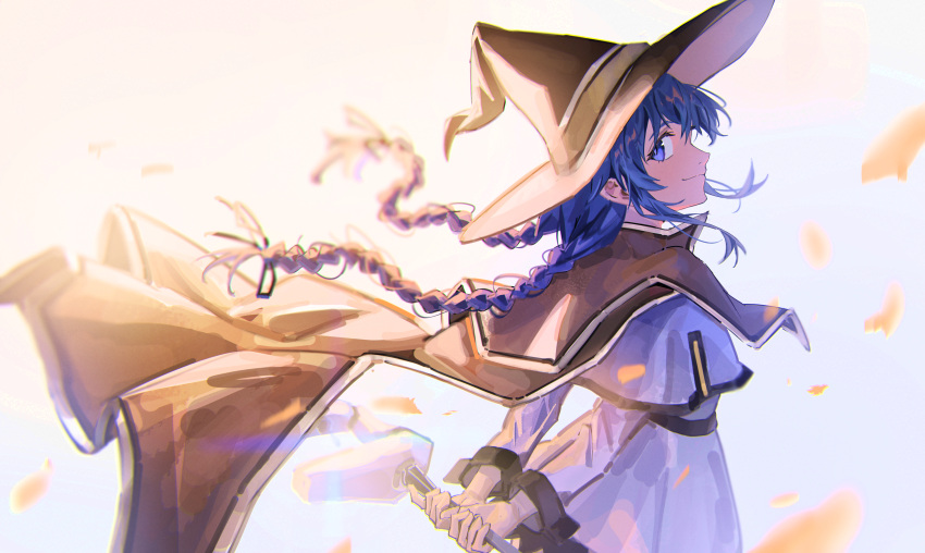 1girl absurdres black_ribbon bloom blue_eyes blue_hair braid brown_cloak capelet cloak closed_mouth es_limi from_behind hair_ribbon hat highres holding holding_staff jacket long_bangs looking_at_viewer looking_back mage_staff mushoku_tensei ribbon roxy_migurdia smile solo staff twin_braids upper_body white_capelet white_jacket witch_hat