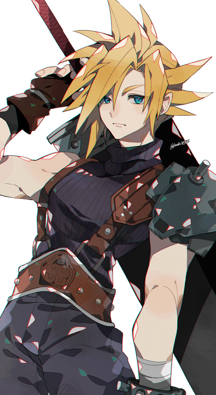 1boy armor baggy_pants blonde_hair blue_eyes brown_gloves buster_sword closed_eyes cloud_strife commentary_request cowboy_shot final_fantasy final_fantasy_vii fingerless_gloves gloves hair_between_eyes hand_up highres kawasaki_(kwsk_8765) looking_at_viewer male_focus pants ribbed_sweater shoulder_armor single_bare_shoulder sleeveless sleeveless_turtleneck solo spiked_hair suspenders sweater sword sword_on_back turtleneck turtleneck_sweater weapon weapon_on_back