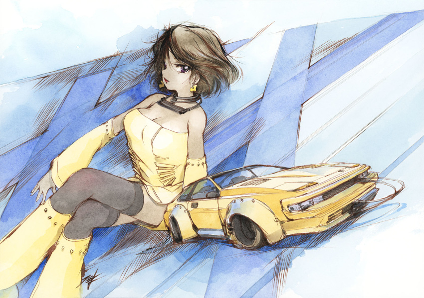 1girl black_eyes black_hair black_thighhighs boots breasts cable car cleavage detached_sleeves dress earrings hi_fumiyo highres jewelry looking_at_viewer medium_breasts motor_vehicle original personification red_lips shadow short_hair sitting sports_car thighhighs toyota toyota_celica traditional_media vehicle_request yellow_car yellow_dress yellow_footwear