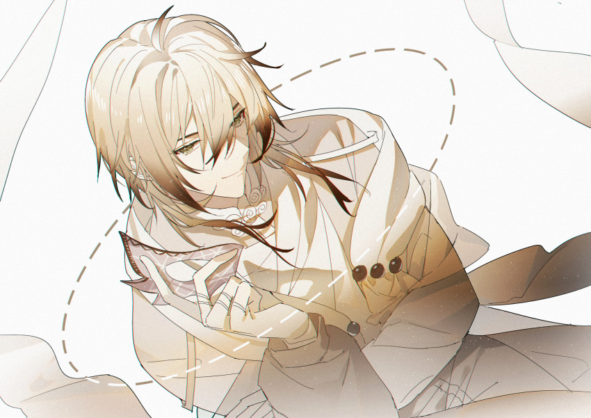 1boy absurdres alkaid_mcgrath blonde_hair brown_hair closed_mouth colored_tips cowboy_shot dotted_line gloves green_eyes hair_between_eyes half_mask hand_on_own_arm highres holding holding_mask jacket kazenemuri long_sleeves looking_at_viewer lovebrush_chronicles male_focus mandarin_collar mask medium_hair multicolored_hair pants see-through see-through_shawl shawl shirt simple_background sitting smile solo unworn_mask white_background white_gloves white_jacket white_pants white_shirt yellow_shawl