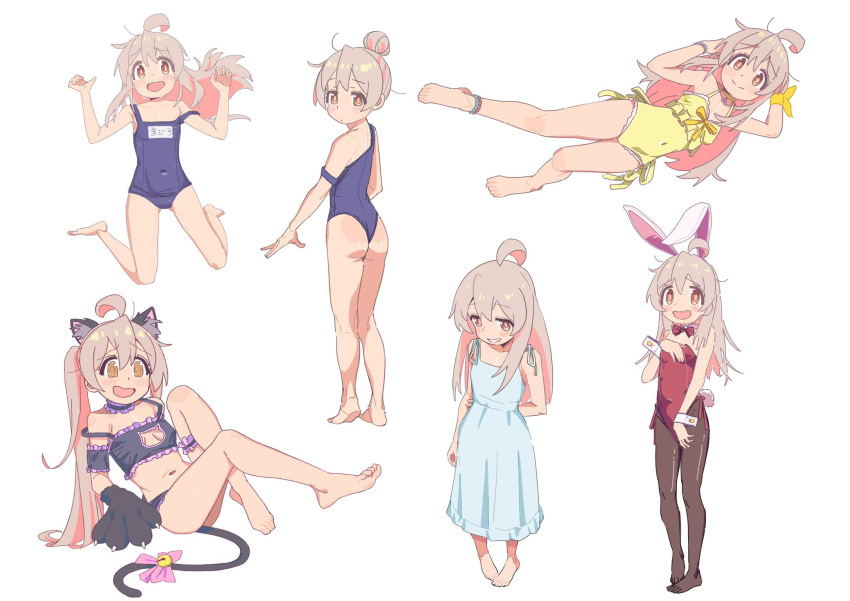 1girl ahoge animal_ears animal_hands ass barefoot bow bowtie cat_ears cat_lingerie cat_paws cat_tail colored_inner_hair commentary dress fake_animal_ears flat_chest hair_between_eyes highres meme_attire mono79390757 multicolored_hair off_shoulder one-piece_swimsuit onii-chan_wa_oshimai! open_mouth oyama_mahiro pantyhose playboy_bunny rabbit_ears red_bow red_bowtie school_swimsuit smile solo sundress swimsuit tail two-tone_hair white_background wrist_cuffs yellow_swimsuit